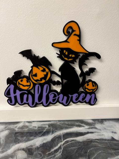 3D Printed Halloween Sign β Cat, Pumpkins & Bats Design